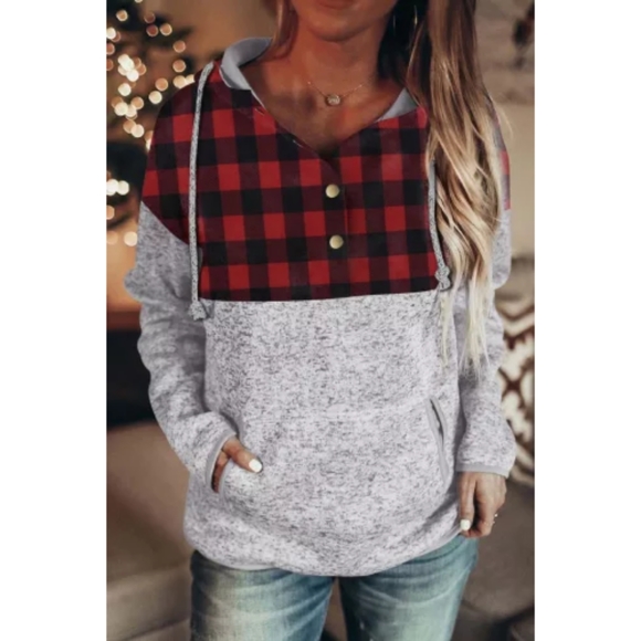 ❤LAST ONE Red Plaid Spliced Pocketed Gray Hoodie - Picture 1 of 5